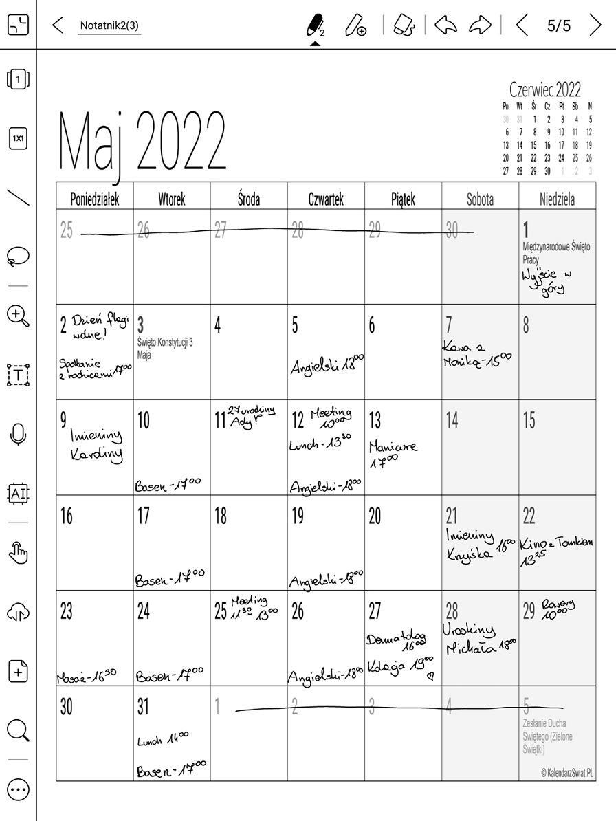 Szablon kalendarza w notatkach