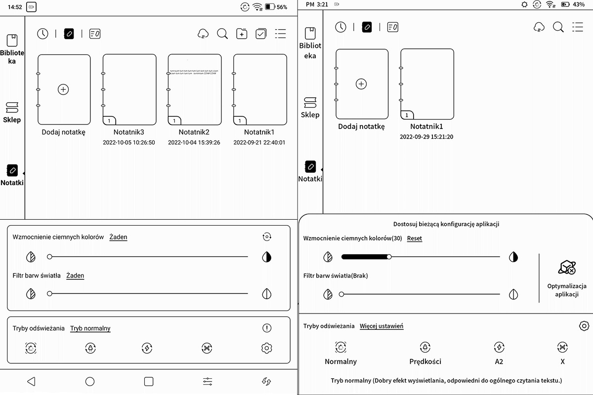 Centrum E Ink Onyx Boox -porównanie starszego (z lewej) i nowszego (z prawej) oprogramowania