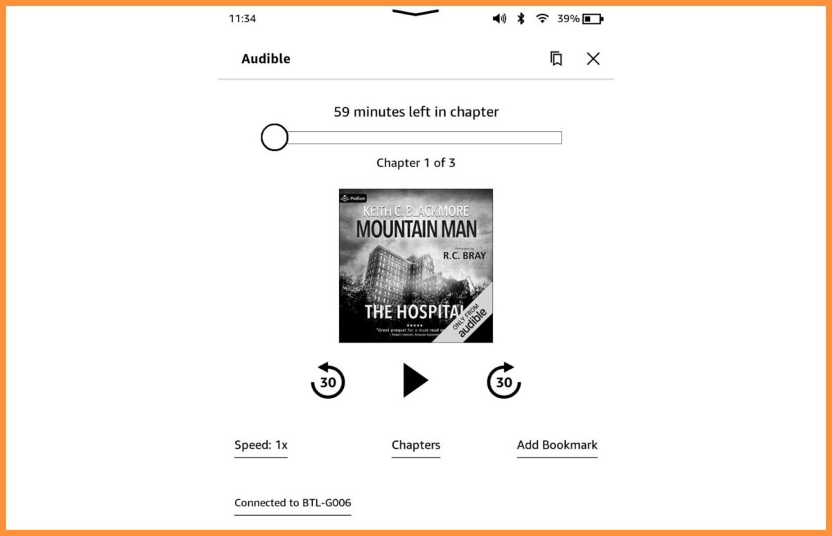 Panel odtwarzania audiobookó dla E-czytnika E Ink Kindle 11 z roku 2022.