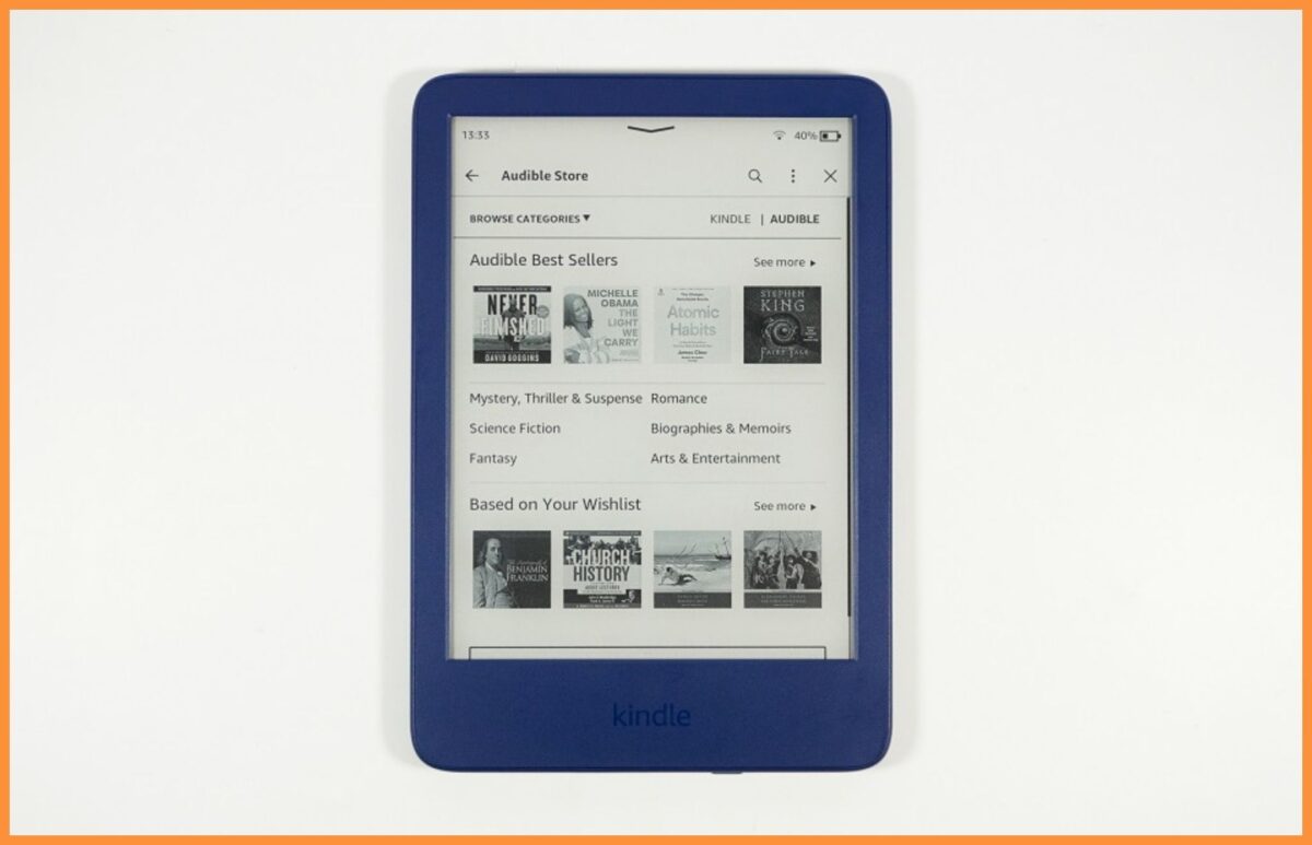 Sklep Audible wyświetlony na ekranie E Ink czytnika Kindle 11.