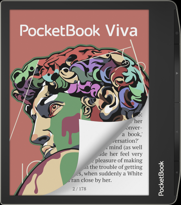Zdjęcie przedstawia najwnoszy czytnik PocketBook Viva, który posiada kolorowy ekran. Na ekranie jest przedstawiona postać w kolorach.