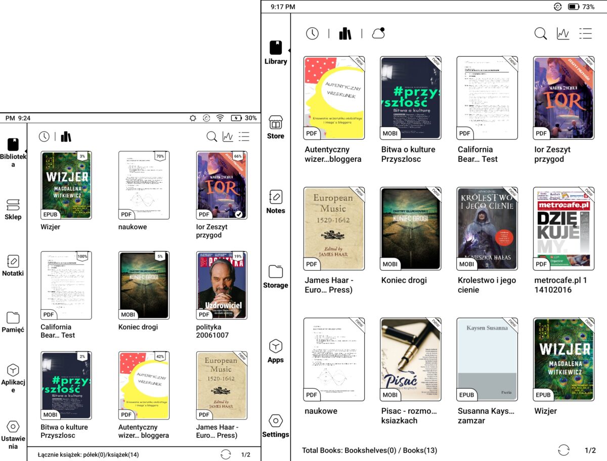 Interfejs Biblioteki Nova Air 2 (po lewej) oraz Note Air 2 (po prawej)