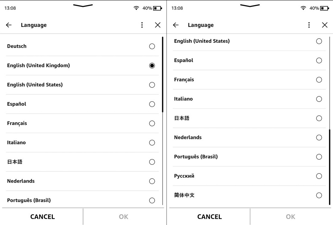 Kindle 11 - dostępne języki systemowe