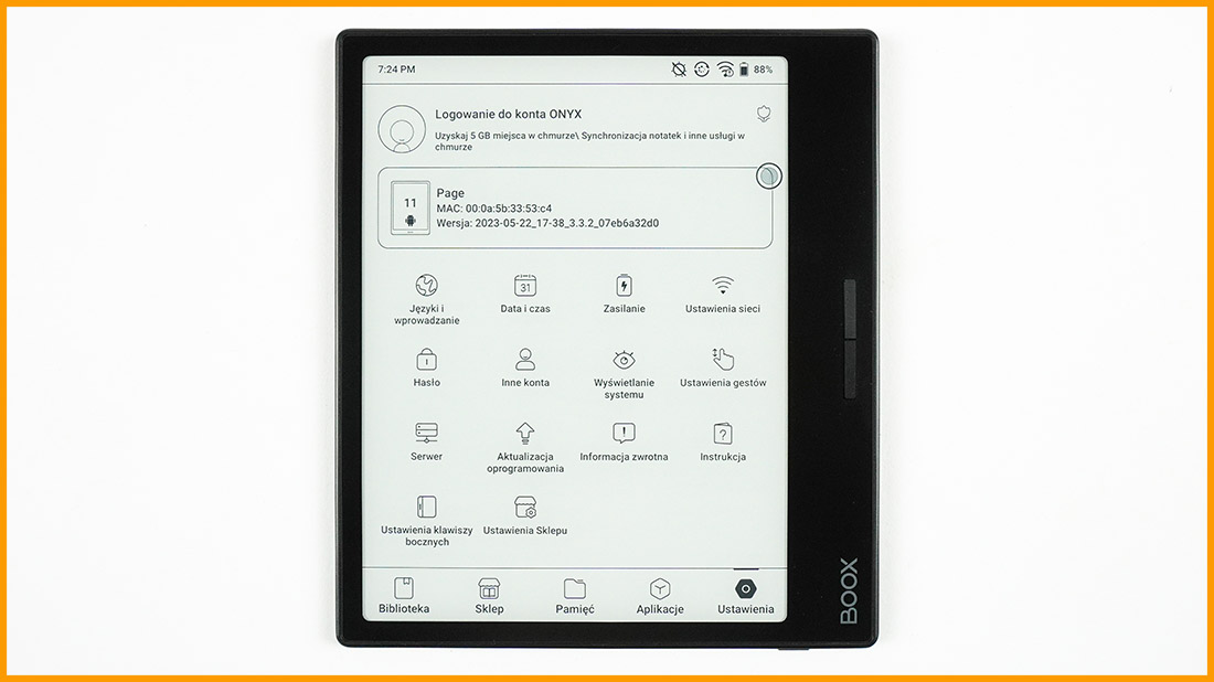 Onyx Boox Page - zakładka ustawień