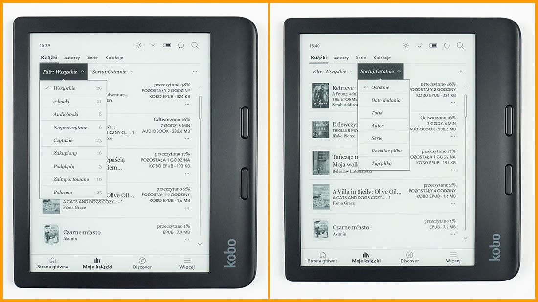 Biblioteka Kobo - sortowanie i filtrowanie książek