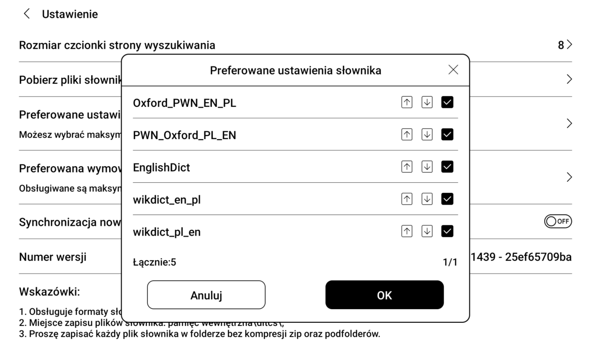 Onyx Boox - kolejność słowników