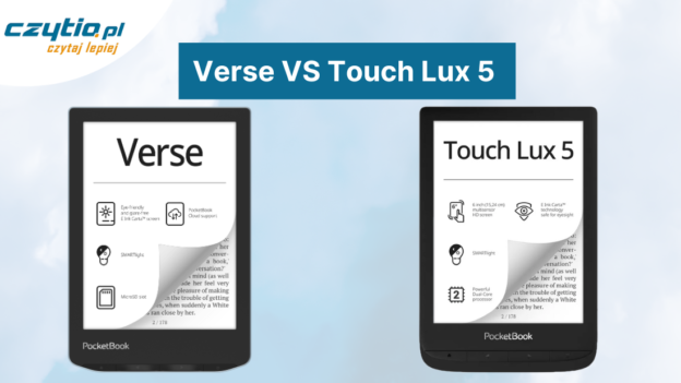 Dwa czytniki Pocketbook Verse oraz Pocketbook Touch Lux 5. Obrazek tytułowy ich porównania.