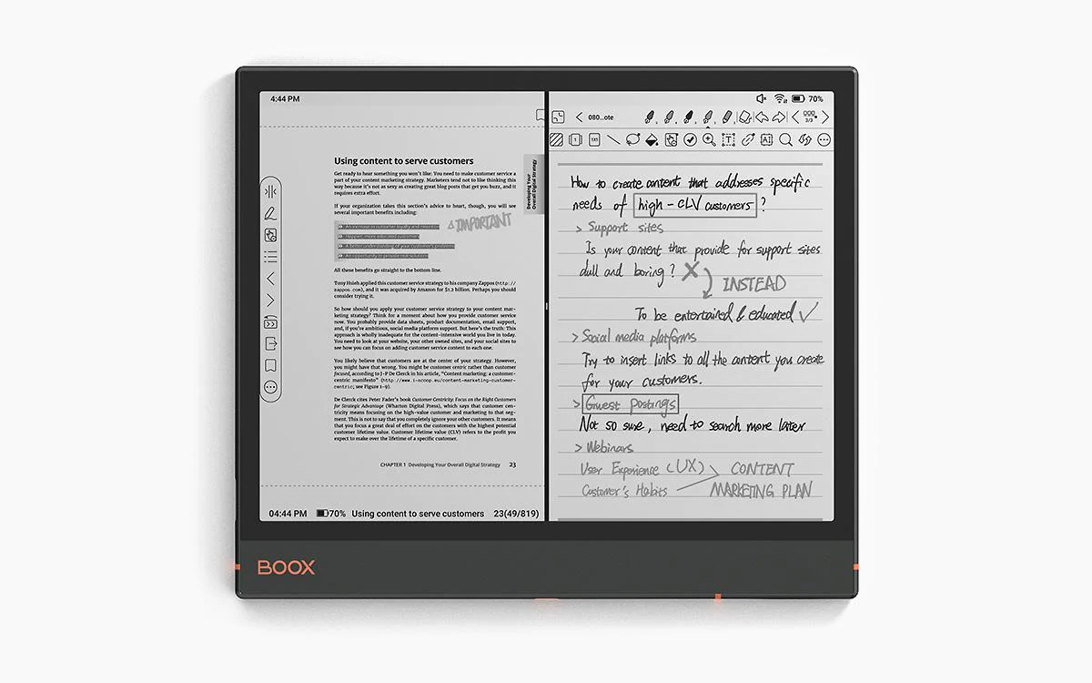 Czytnik Onyx Boox Note Air 3 - podzielony ekran z otwartymi notatkami odręcznymi