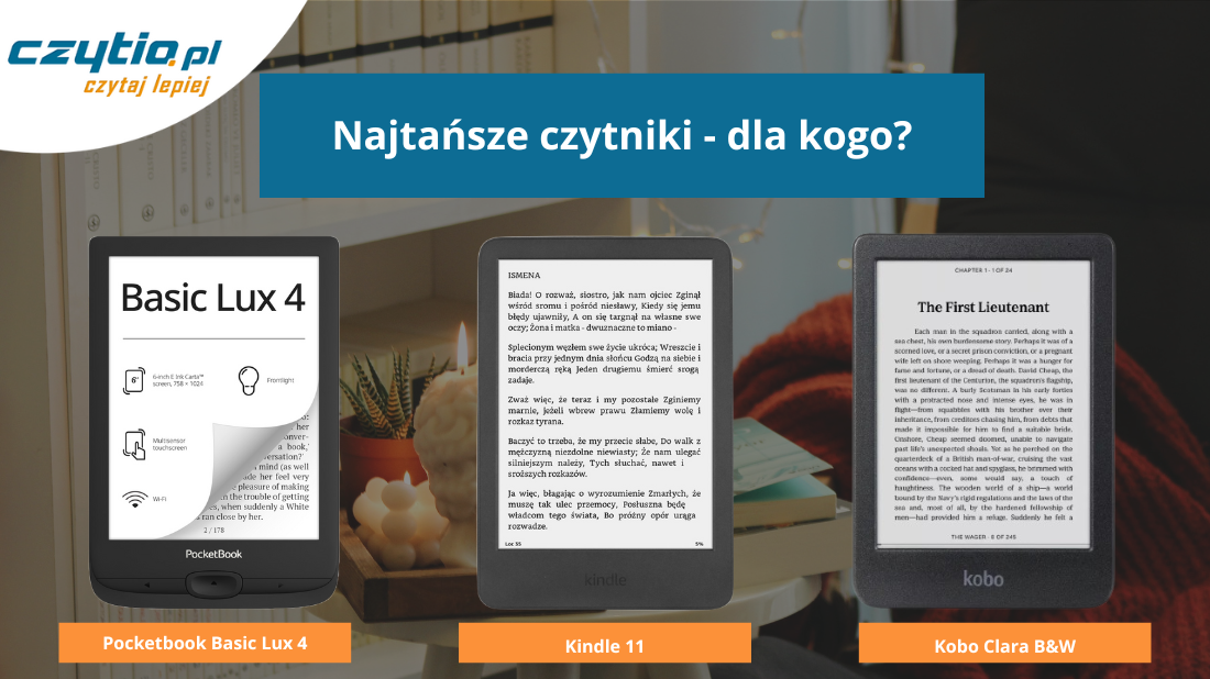 Najtańsze czytniki - dla kogo? Pocketbook Basic Lux 4, Kindle 11, Kobo Clara B&W. Okładka