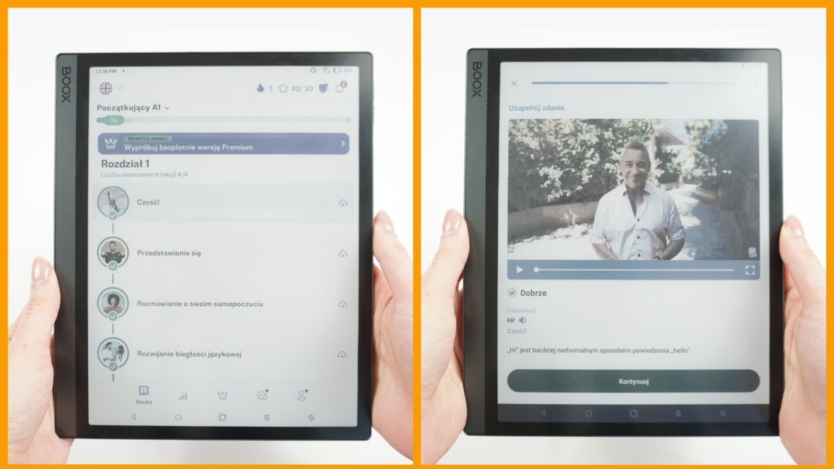 Działanie aplikacji Busuu na czytniku Onyx Boox Tab Ultra C Pro