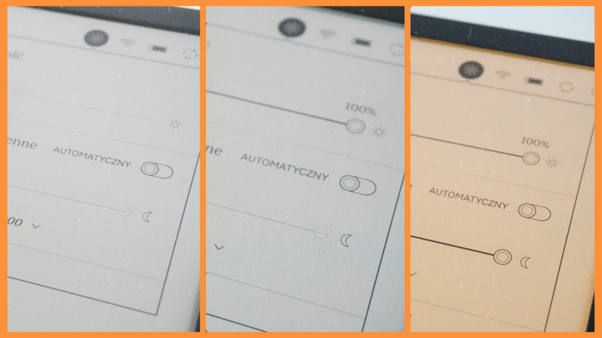 Kobo Libra Colour - różnice w podświetleniu. Od lewej: brak podświetlenia, maksymalne podświetlenie chłodne, maksymalne podświetlenie ciepłe.