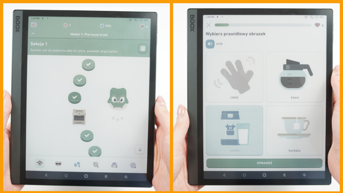 Działanie aplikacji Duolingo na czytniku Onyx Boox Tab Ultra C Pro
