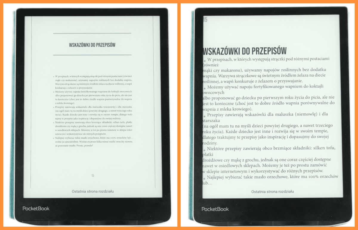 Plik PDF przed i po włączeniu funkcji rozpływ (reflow) na czytniku PocketBook