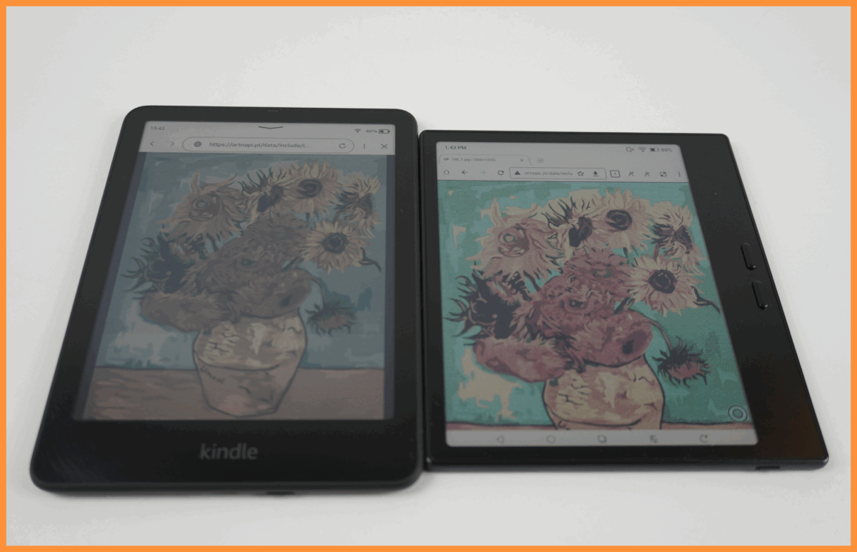 Porównanie Obrazu Van Gogh'a na dwóch czytnikach, PocketBook Era color oraz Amazon Kindle colorsoft SE bez podświetlenia