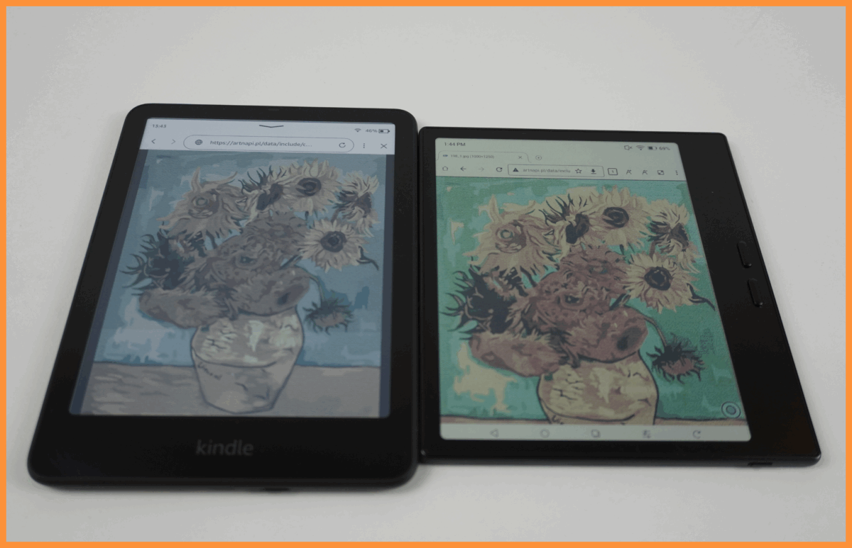 Porównanie Obrazu Van Gogh'a na dwóch czytnikach, PocketBook Era color oraz Amazon Kindle colorsoft SE z podświetleniem