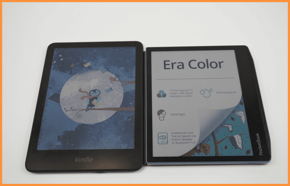 Dwa czytniki Amazon Kindle colorsoft SE oraz PocketBook Era Color obok siebie z wyłączonym ekranem