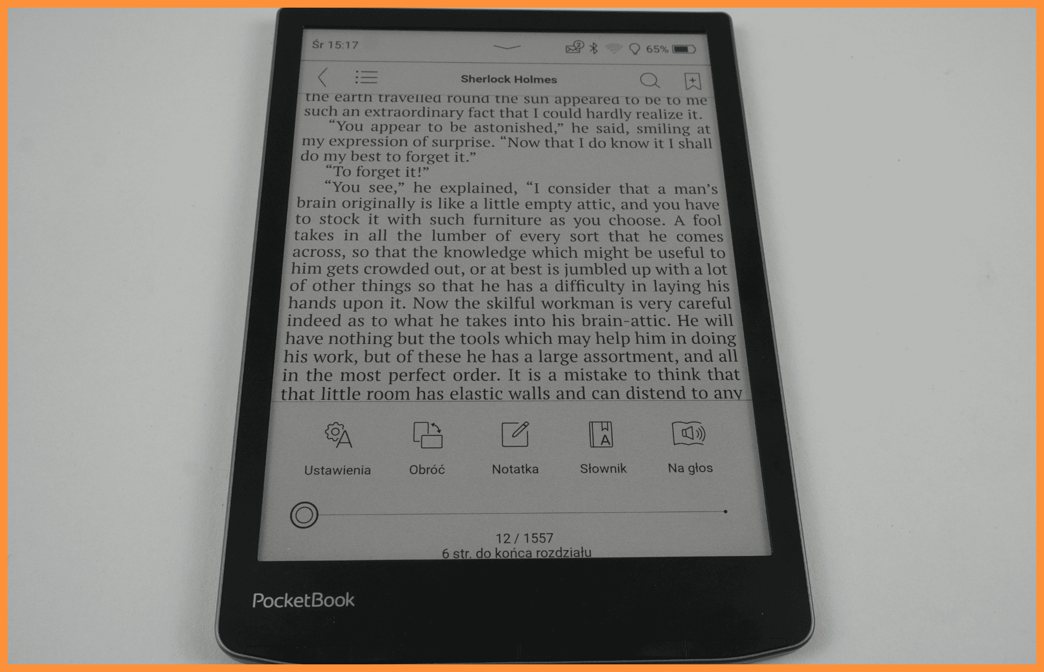 Na czytniku PocketBooks przedstawione są dostępne opcje interakcji z tekstem podczas czytania ułatwiające dostępność dla ludzi z różnymi potrzebami, czytanie tekstu na głos oraz opcje dostosowania czcionki.