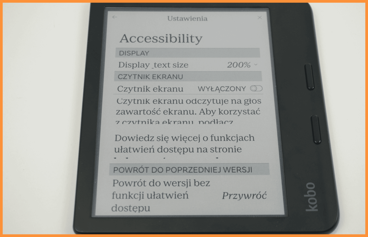 Czytnik ebook Kobo, przedstawiający opcje dostosowania wielkości tekstu w urządzeniu w celu ułatwienia lektury osobą niedowidzącym