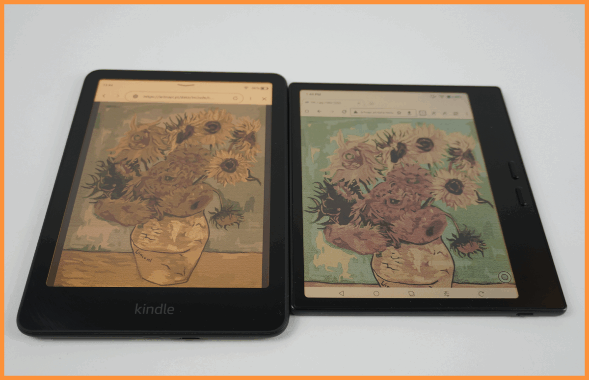 Porównanie Obrazu Van Gogh'a na dwóch czytnikach, PocketBook Era color oraz Amazon Kindle colorsoft SE z podświetleniem oraz najwyższą oferowaną temperaturą ekranu