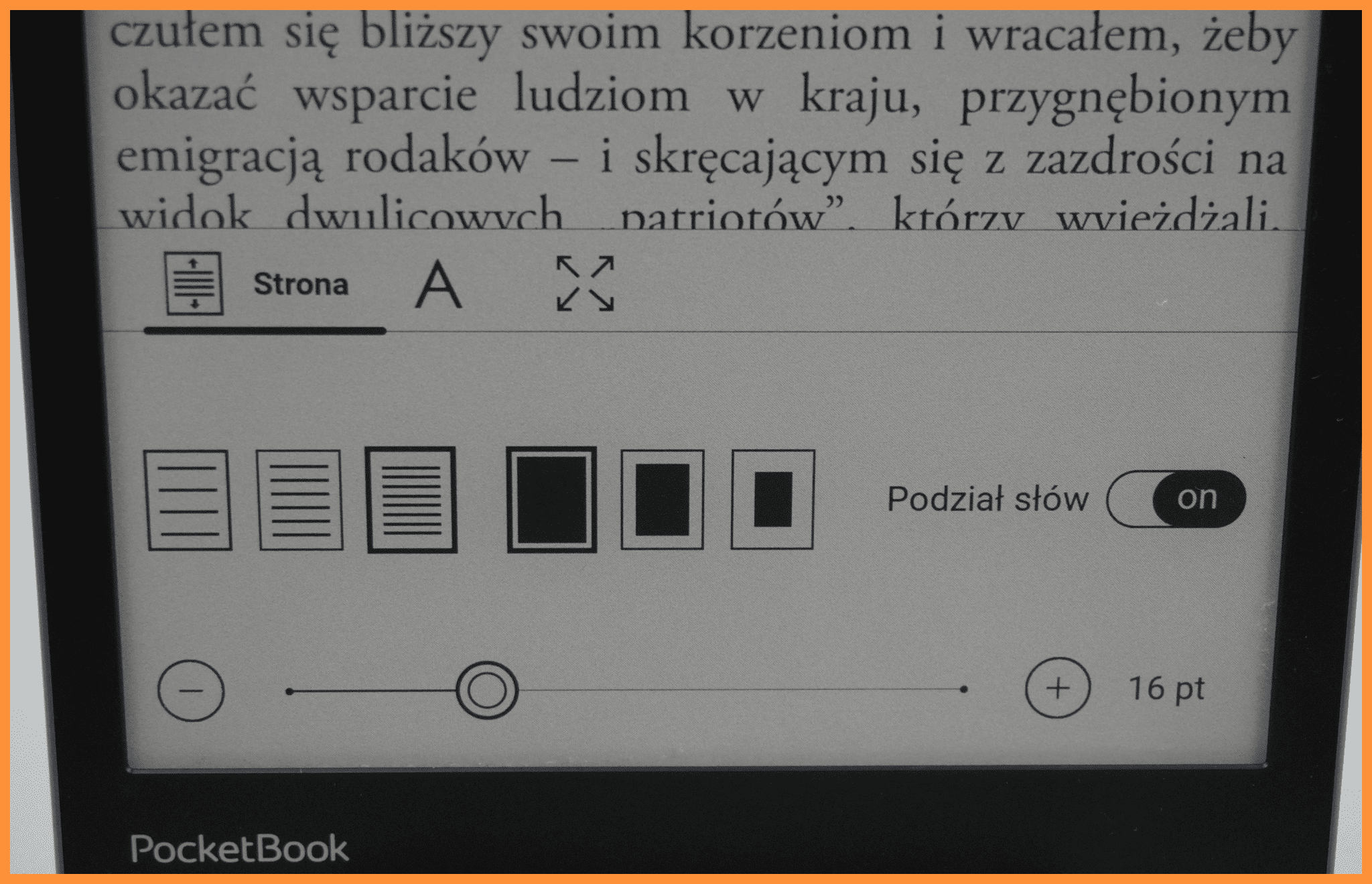 Menu zmiany opcji czcionki w czytniku PocketBook