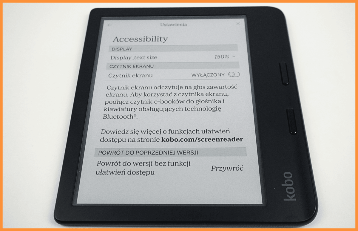 Czytnik ebook Kobo, przedstawiający opcje dostosowania wielkości tekstu w urządzeniu w celu ułatwienia lektury osobom niedowidzącym