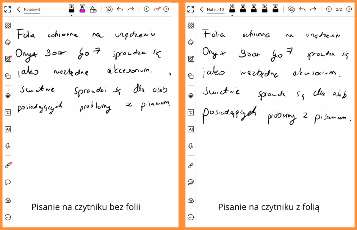 Test pisania na czytniku bez oraz z folią ochronną do Onyx Boox Go 7