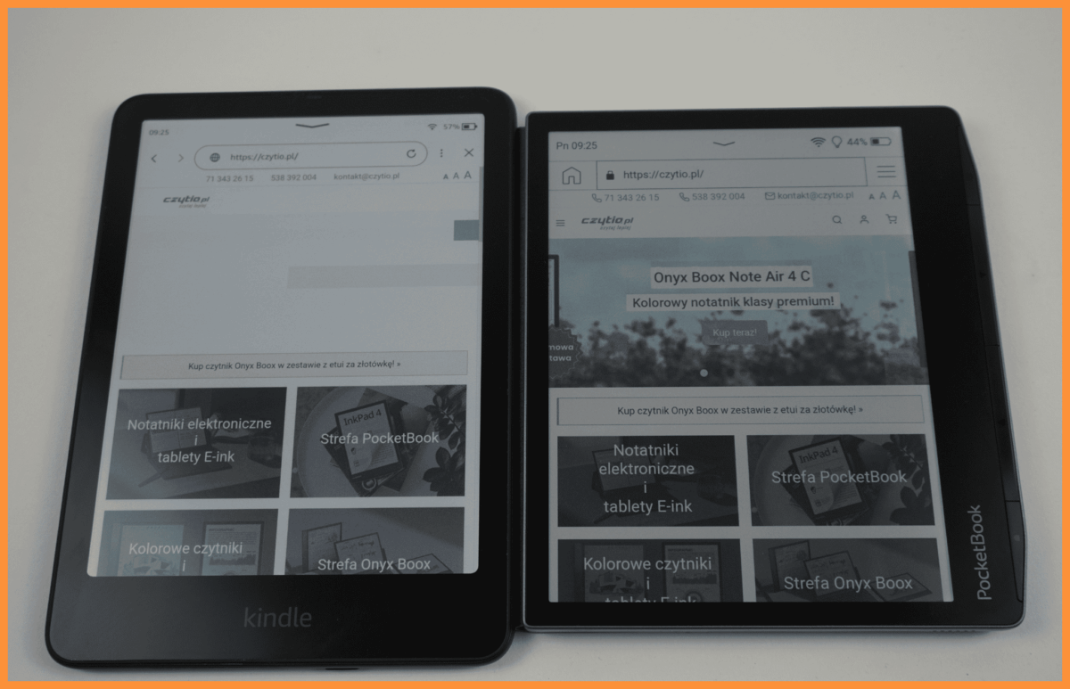 Porównanie wyglądu strony internetowej na czytnikach Amazon Kindle Colorsoft SE oraz PocketBook Era Color