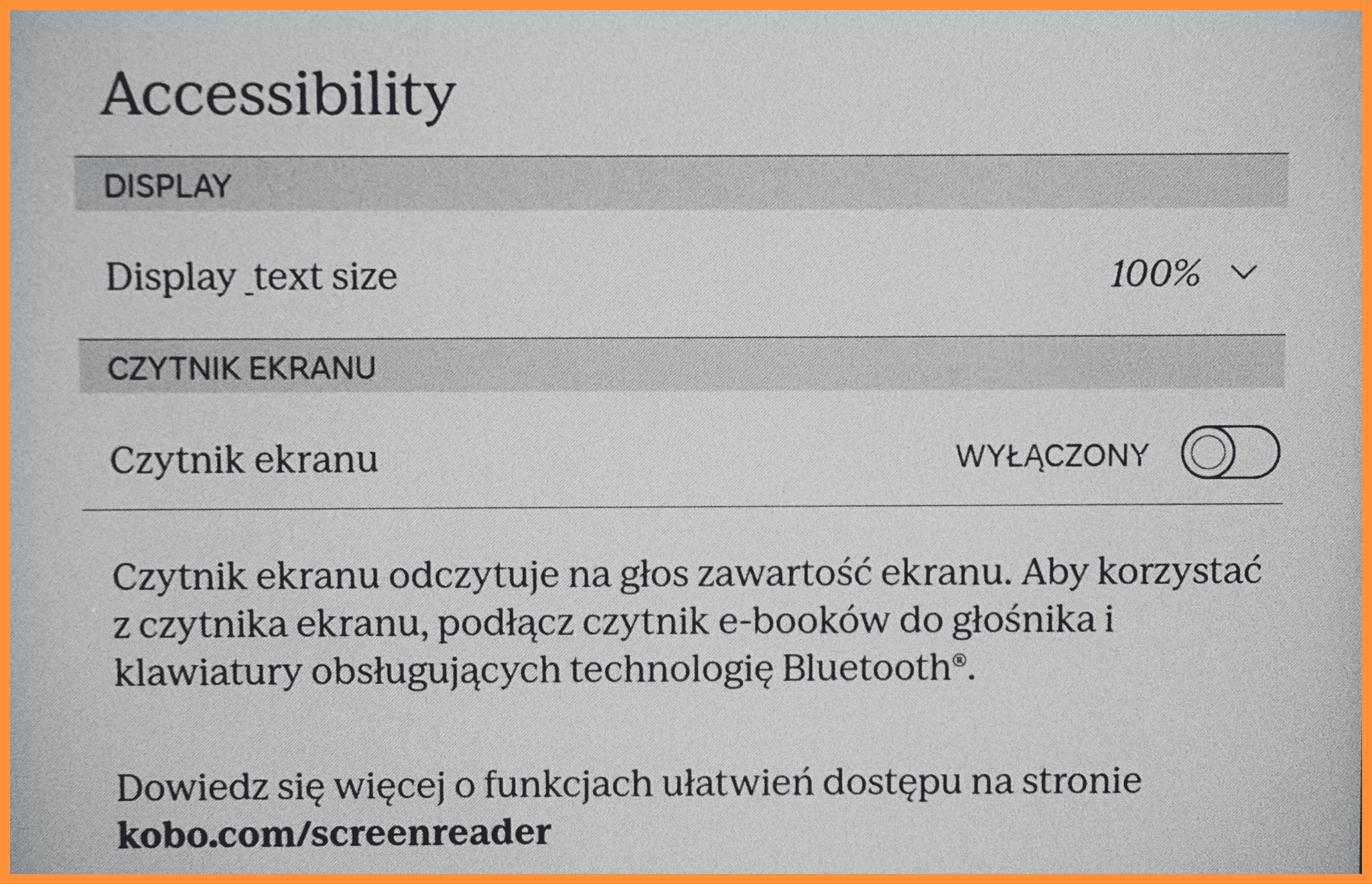 Czytnik ebook Kobo, przedstawiający opcje dostosowania wielkości tekstu w urządzeniu w celu ułatwienia lektury osobą niedowidzącym