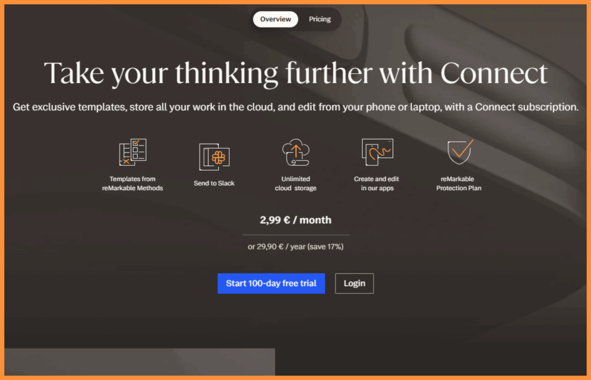 Screenshot ze strony reMarkable prezentujący ofertę Subskrypcji Connect reMarkable
