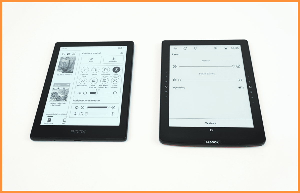 zestawienie czytników Onyx Boox Go 6 oraz inkBook Solaris, pod względem jasności ekranu