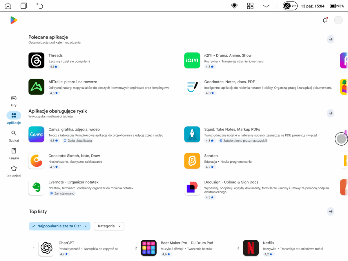 Sklep Google Play na czytniku PocketBook InkPad Eo