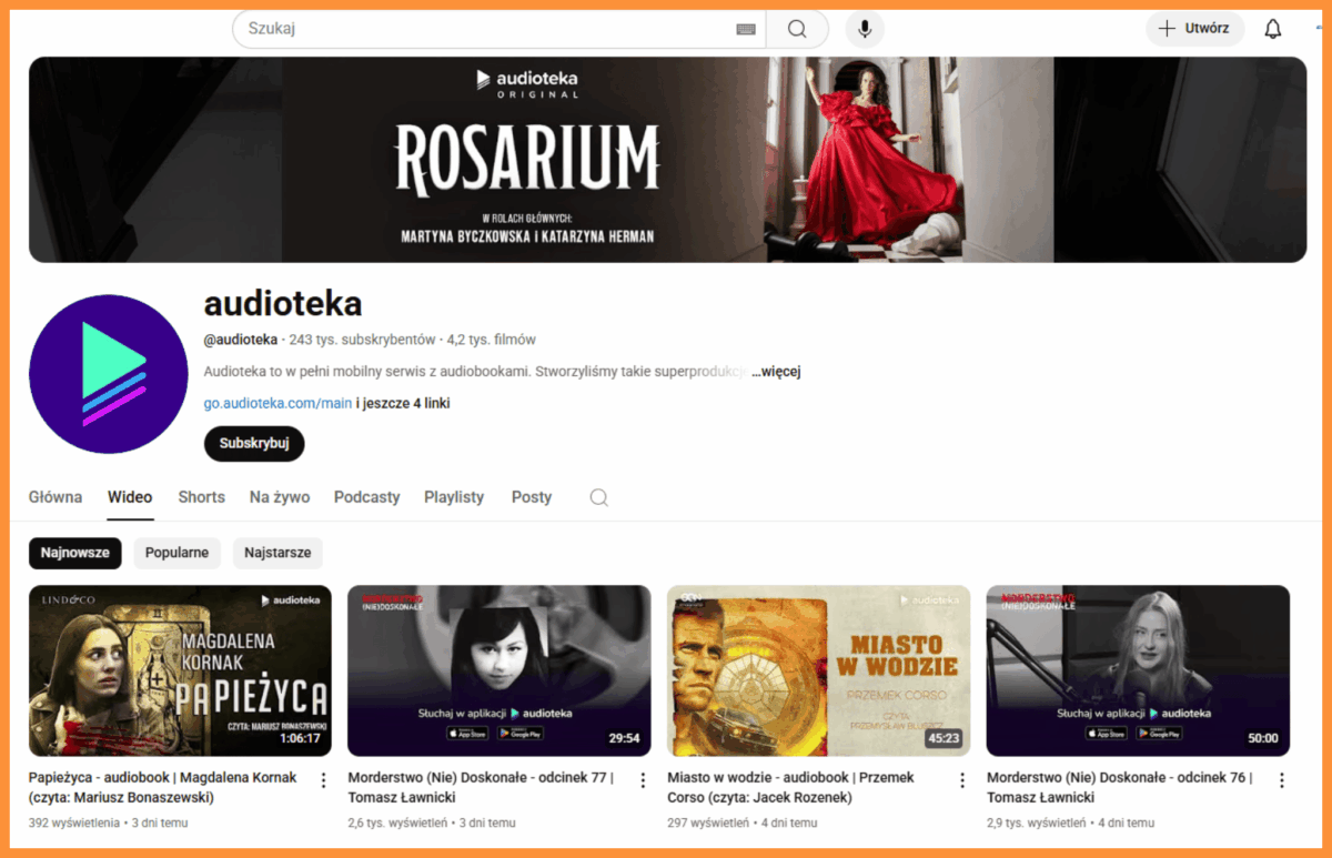 Kanał Youtube Audioteka z darmowymi audiobookami