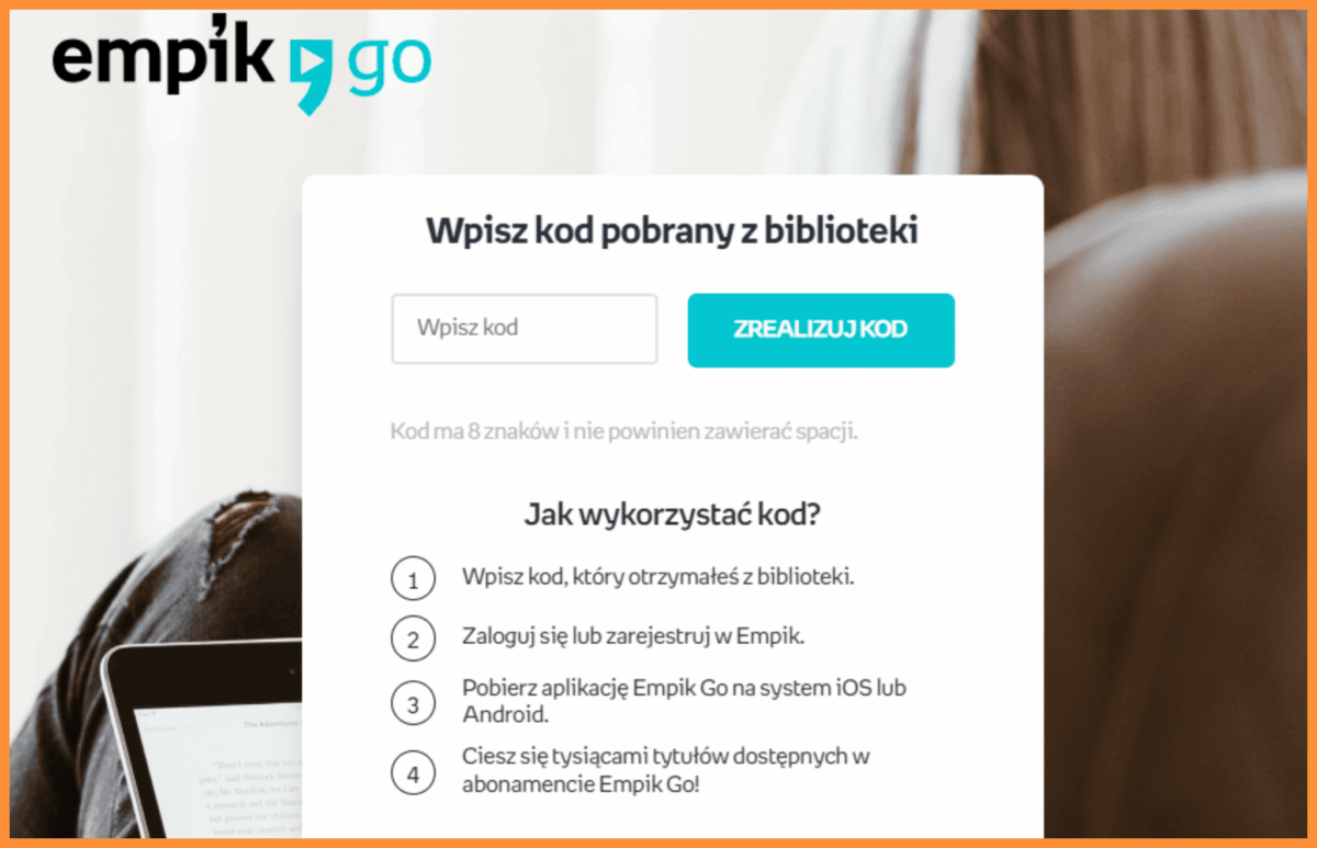 Strona do realizacji kodu na darmowy dostęp do Empik Go odebrany z biblioteki 