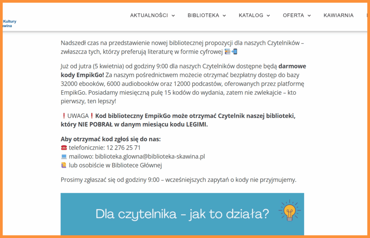Informacja o darmowym dostępnie do Empik Go w bibliotece w Skawinach