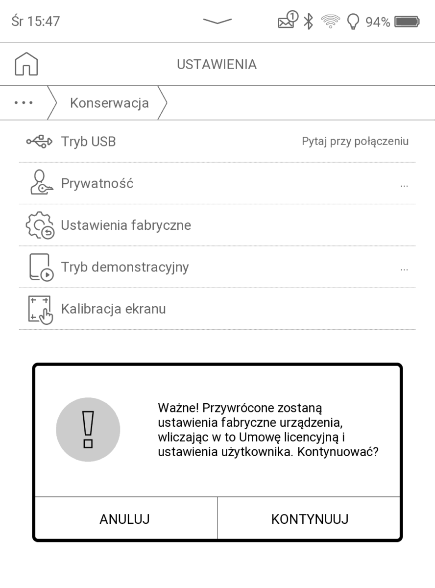 Jak przywrócić PocketBook do ustawień fabrycznych