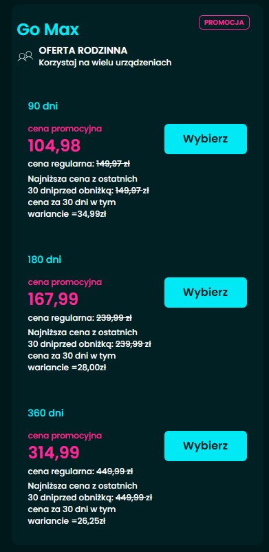 Ceny subskrypcji Go Max - oferty rodzinnej w Empik Go