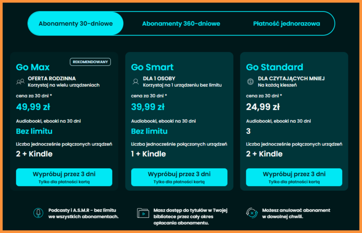 Lista dostępnych subskrypcji Empik Go