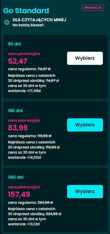 Cena subskrypcji Go Standard na Empik Go