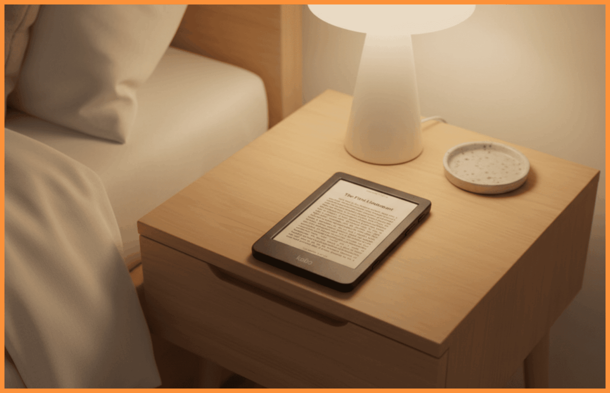 Czytnik Kobo BW na półce nocnej