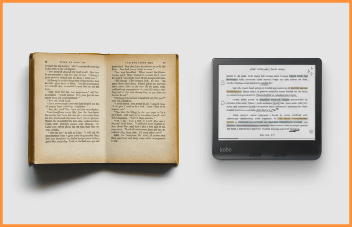 Książka papierowa i czytnik e-book na białym tle