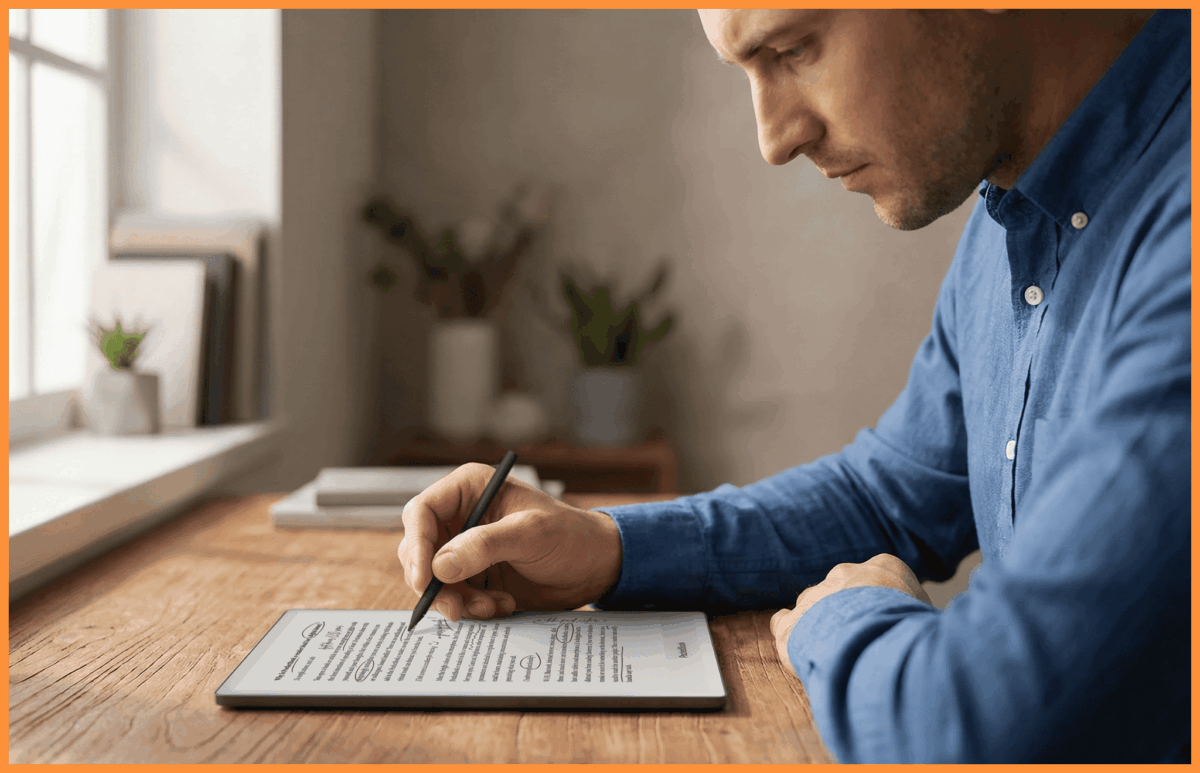 Mężczyzna notujący na nowym czytniku e-booków PocketBook InkPad One