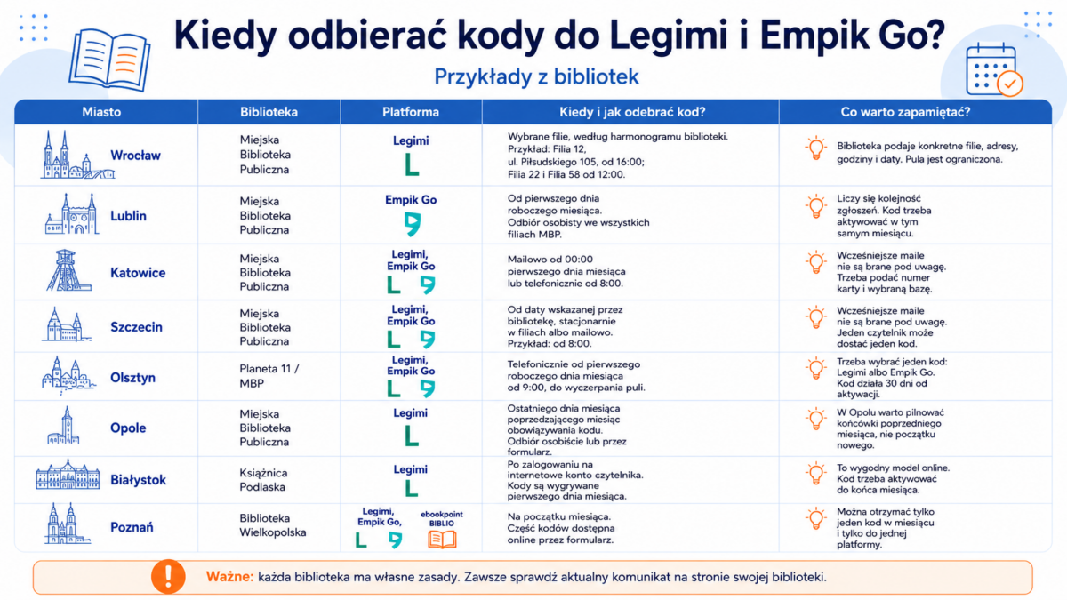Lista bibliotek publicznych oferujących dostęp do darmowych e-booków oraz kody do Legimi i Empik Go