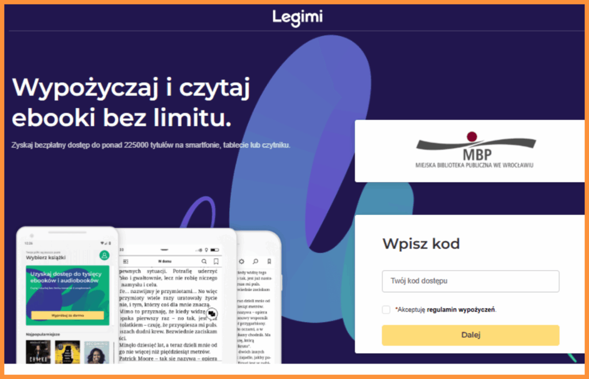Strona aktywacji kodu legimi z miejskiej biblioteki publicznej