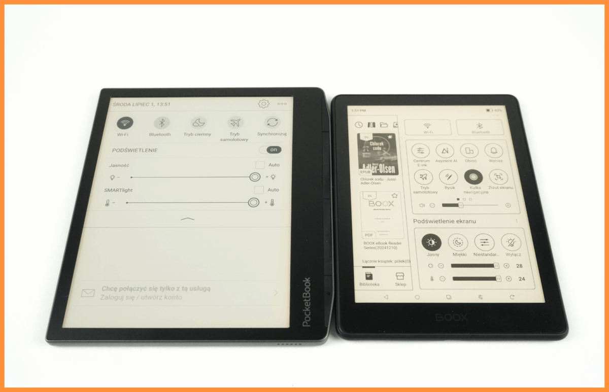 porównanie jasności ekranów czytników e-book PocketBook Era Lite oraz Onyx Boox Go 6 (Gen II)