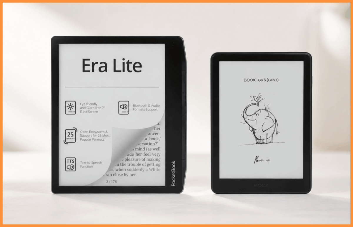 Dwa czytniki e-booków stojące pionowo obok siebie na białym tle