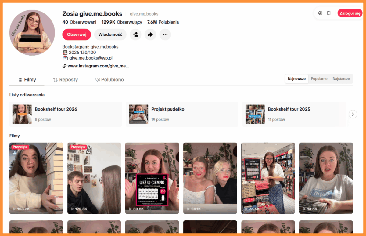 Kanał polskiej infuencerki Give.me.books na BookTok'u