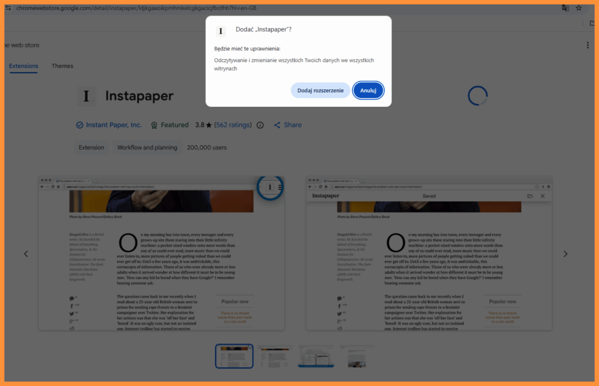 rozszerzenie Instapaper na google chrome