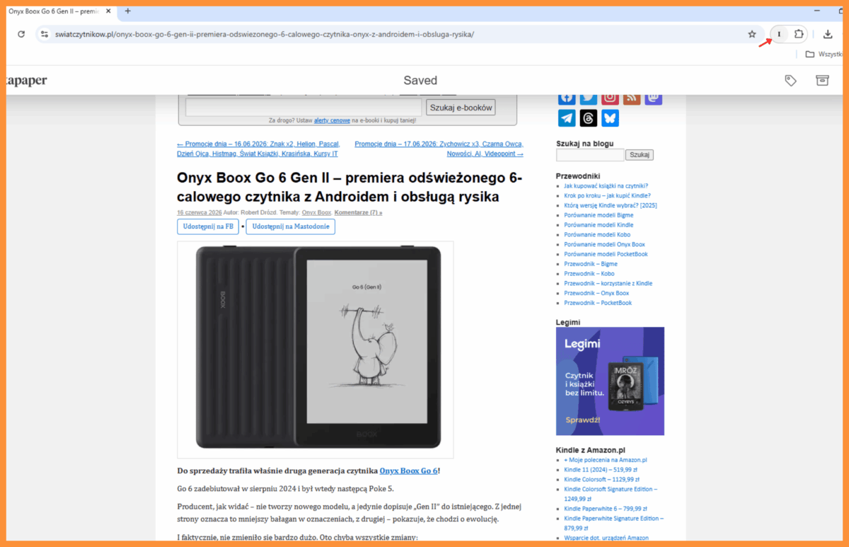 Zapisywanie artykułu przez rozszerzenie Instapaper do wyszukiwarki google chrome