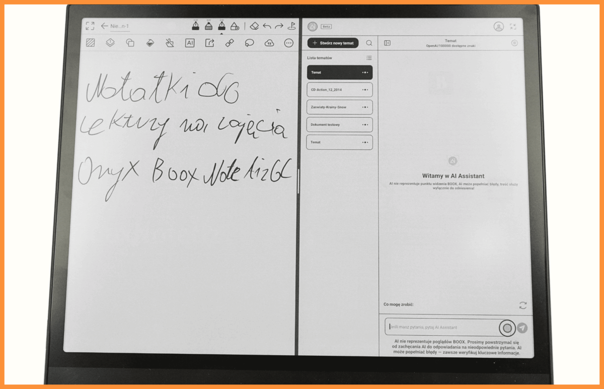 Funkcja AI assistant oraz dual screen w czytniku Onyx Boox Note Air 6 C