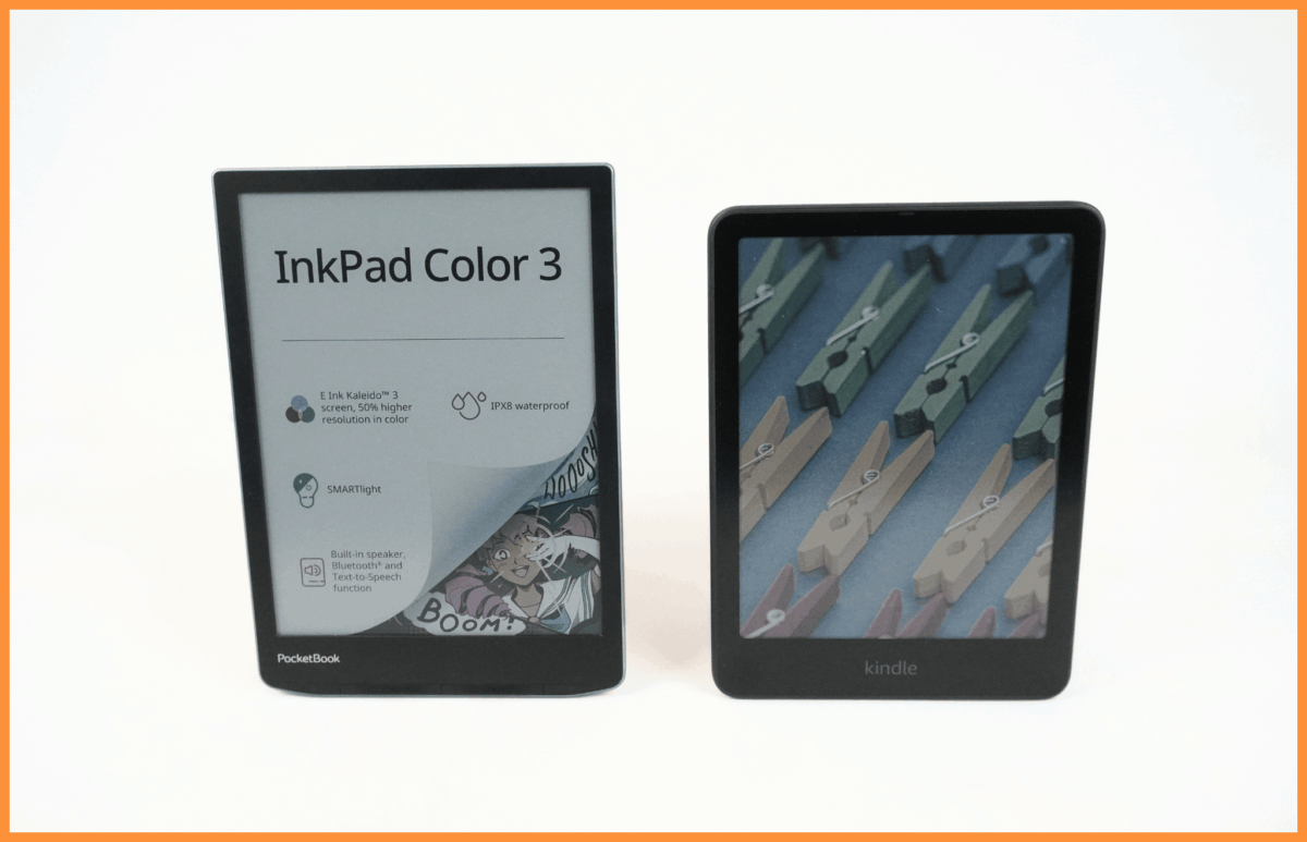Kindle Colorsoft Signature Edition i PocketBook InkPad Color 3 na białym tle.